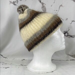 Hilda LTD Icelandic Wool Beanie Vintage Pompom Striped Earthtones Winter Ski Cap